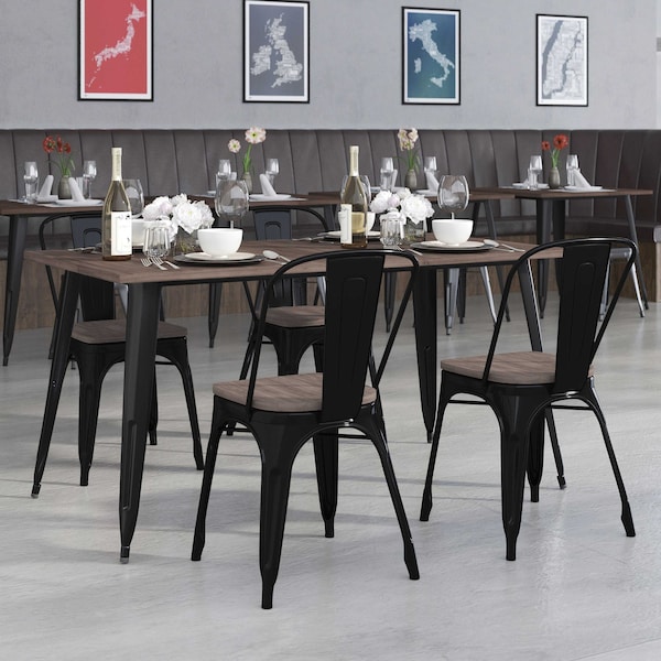 Flash Furniture Rectangle Black Metal Table Set with Wood Top and, 30.25" W, 60" L, 30.5" H, Wood, Wood Grain CH-WD-TBCH-27-GG - main